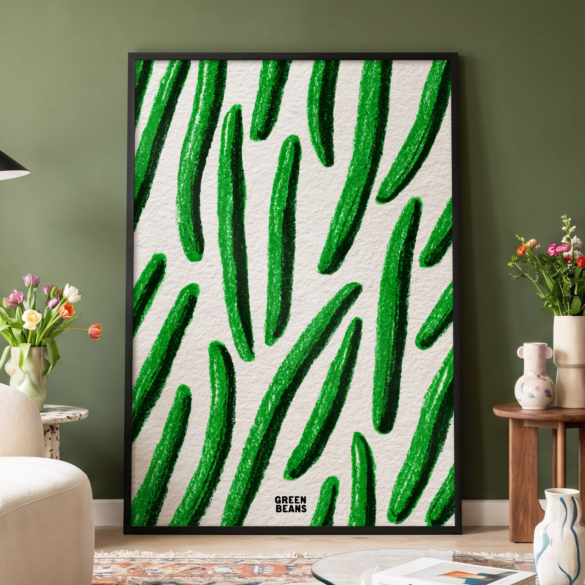 Emerald Bean Rhythm, green, beige, white nature wall art displayed in a styled interior, gallery view 4