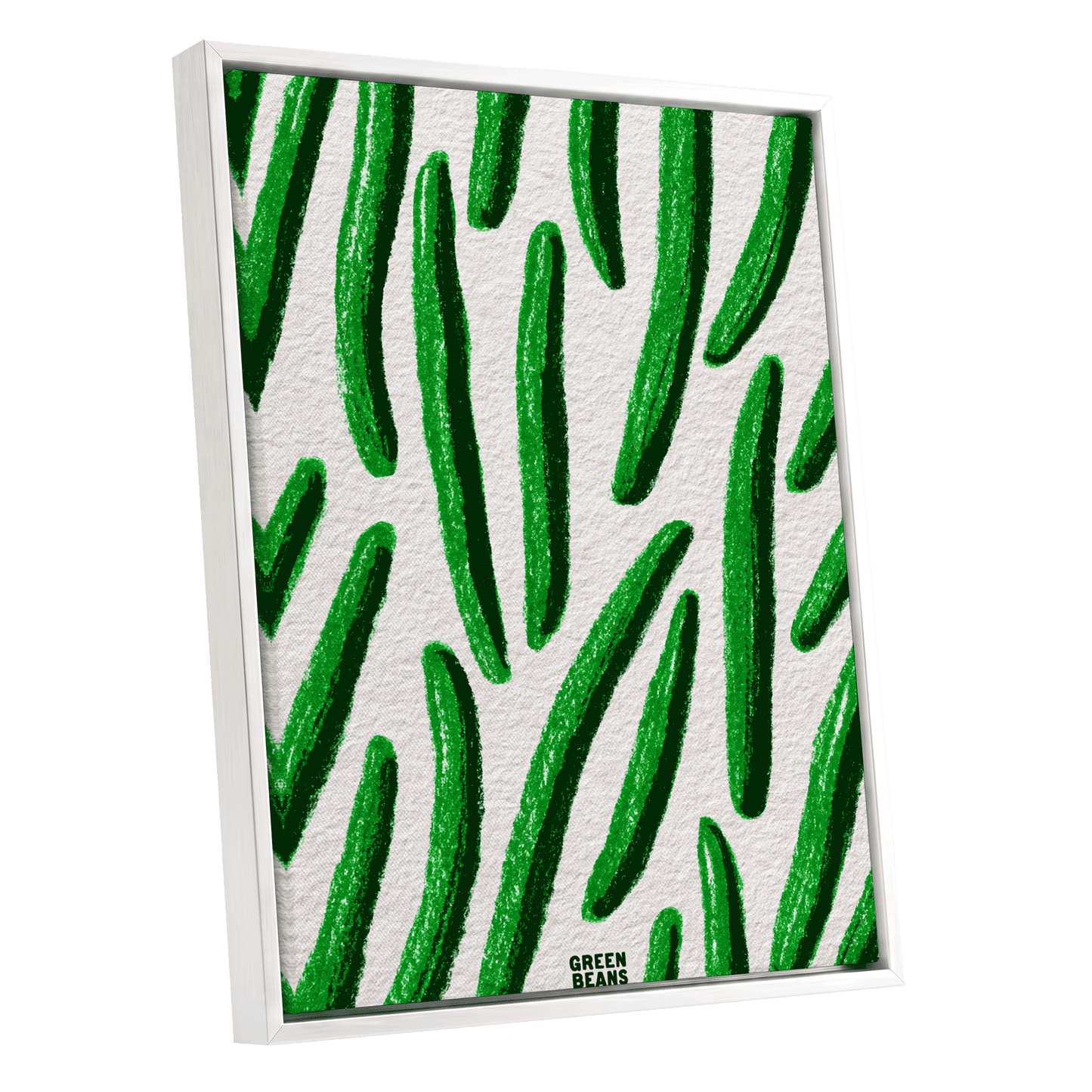 Emerald Bean Rhythm, green, beige, white nature wall art shown as a white framed canvas wall art