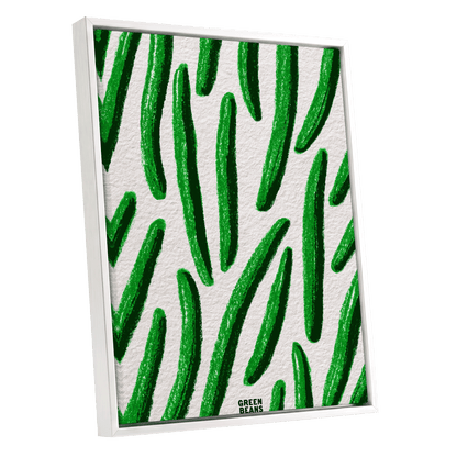 Emerald Bean Rhythm, green, beige, white nature wall art shown as a white framed canvas wall art
