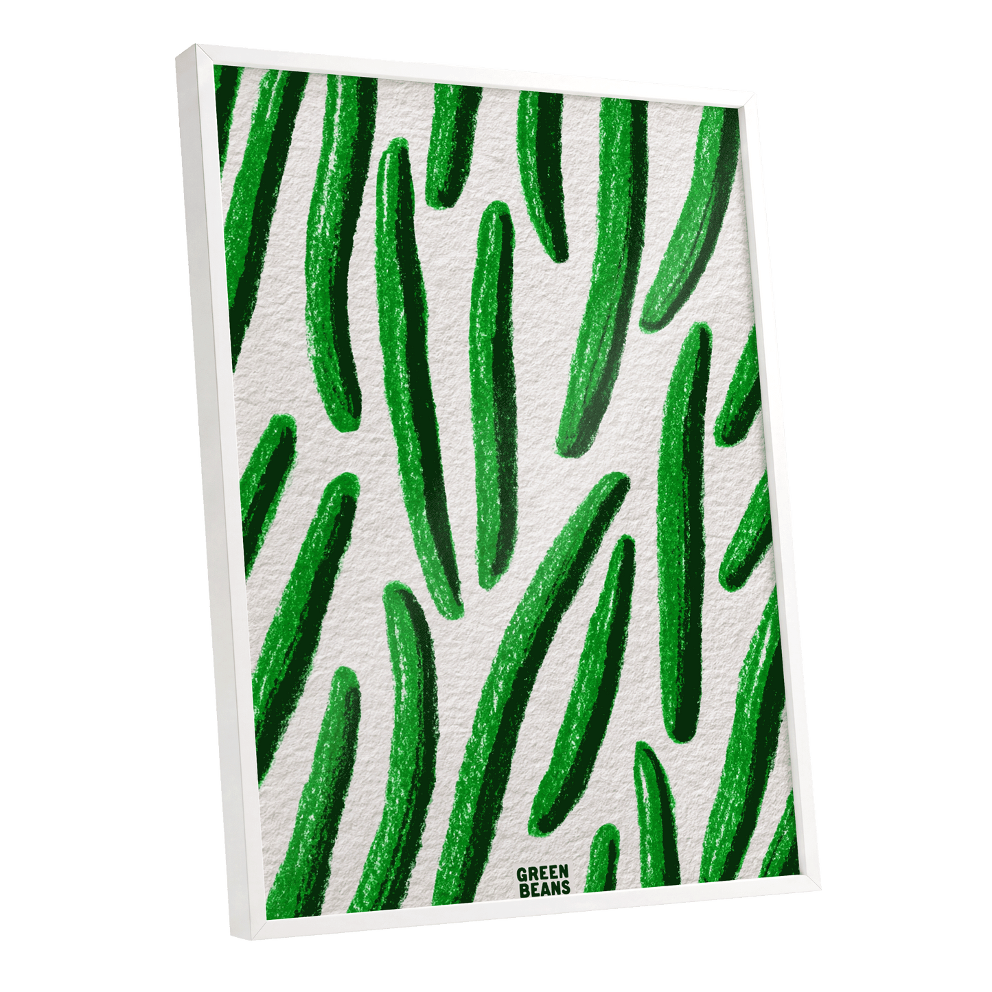 Emerald Bean Rhythm, green, beige, white nature wall art shown as a white framed poster wall art print