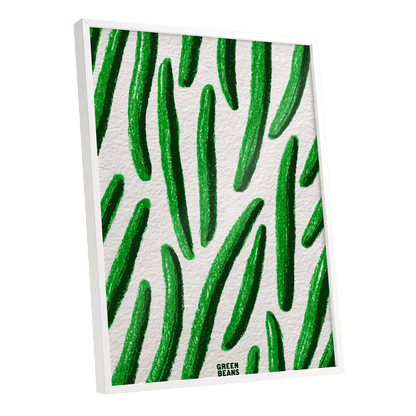 Emerald Bean Rhythm, green, beige, white nature wall art shown as a white framed poster wall art print