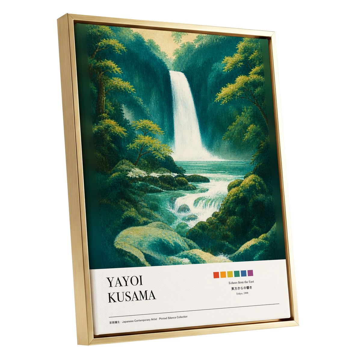 Emerald Cascade, green, white, beige nature wall art shown as a gold framed canvas wall art