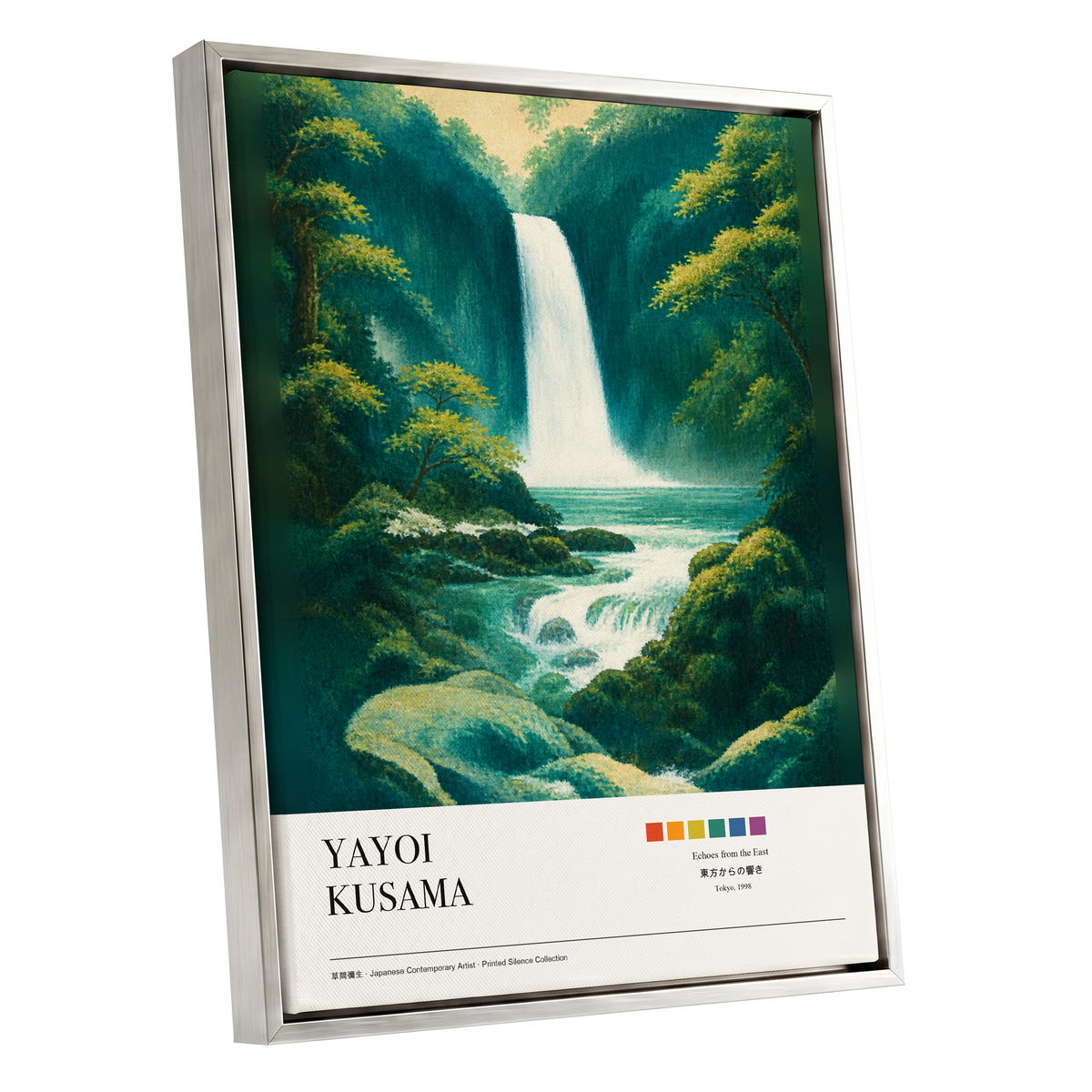 Emerald Cascade, green, white, beige nature wall art shown as a silver framed canvas wall art