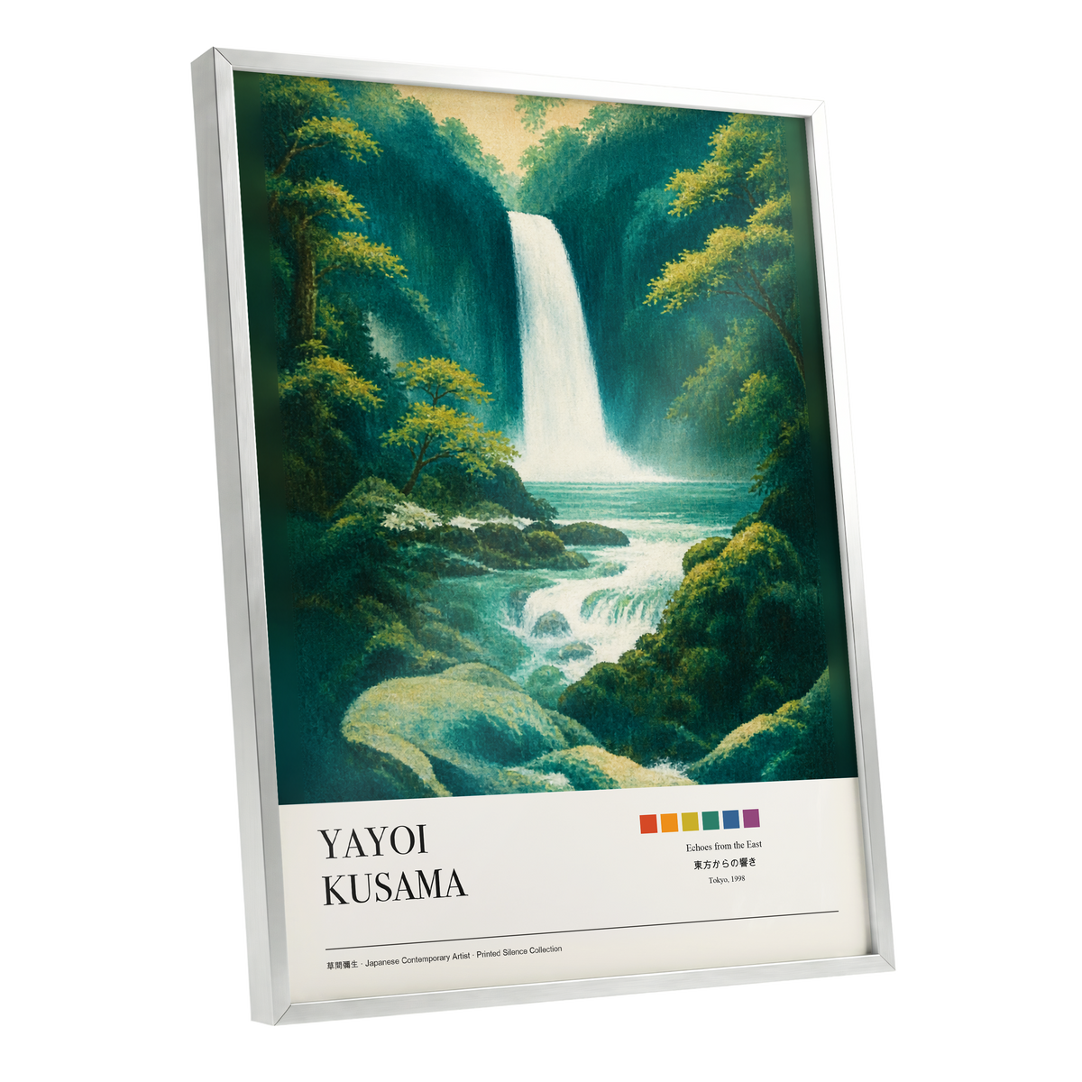 Emerald Cascade, green, white, beige nature wall art shown as a silver framed poster wall art print