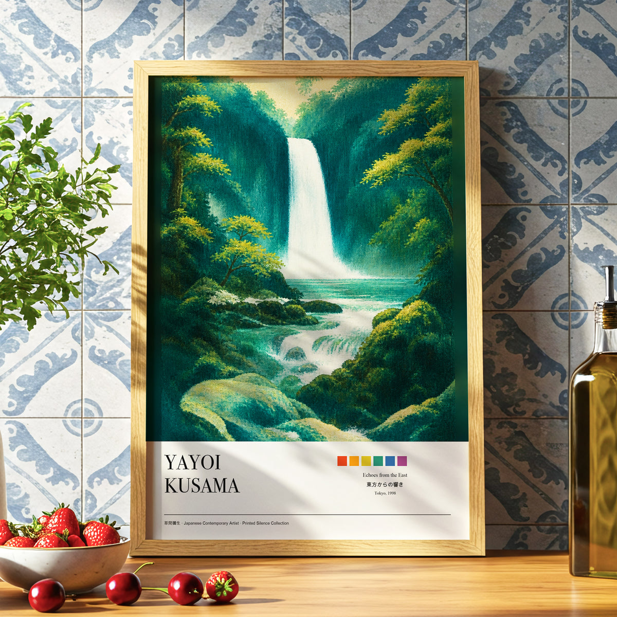 Emerald Cascade, green, white, beige nature wall art displayed in a styled interior, gallery view 6