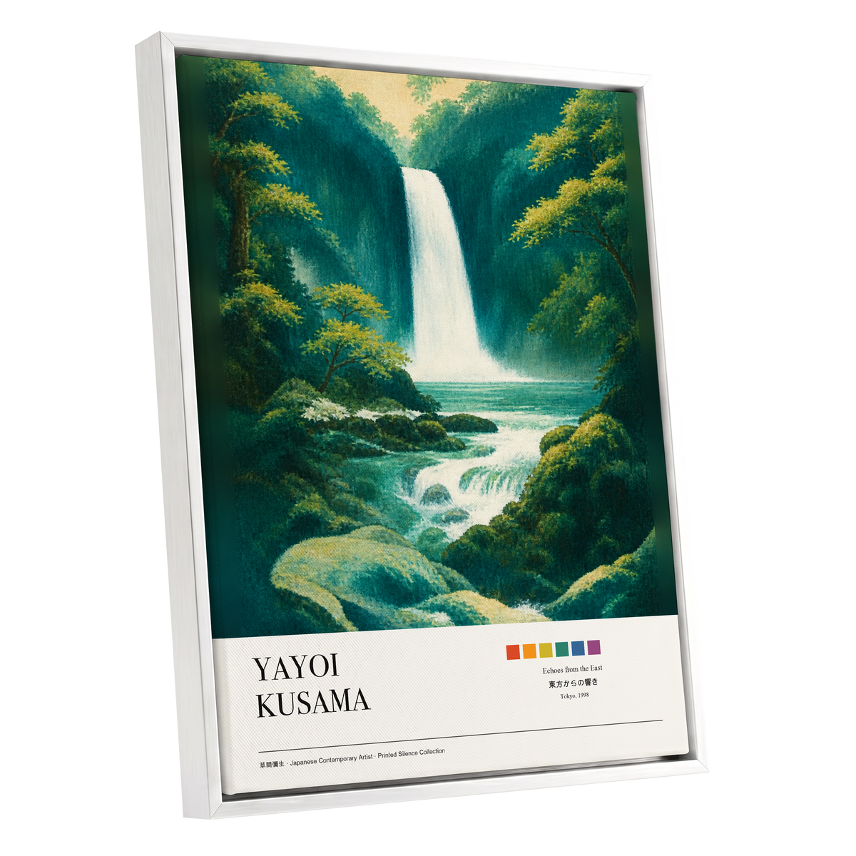 Emerald Cascade, green, white, beige nature wall art shown as a white framed canvas wall art