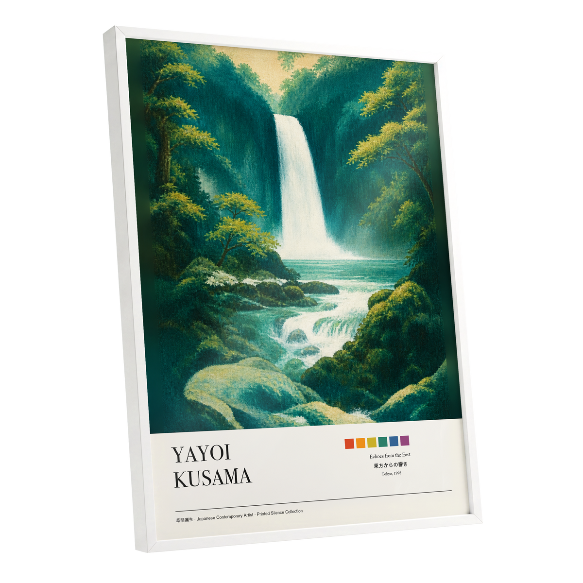 Emerald Cascade, green, white, beige nature wall art shown as a white framed poster wall art print