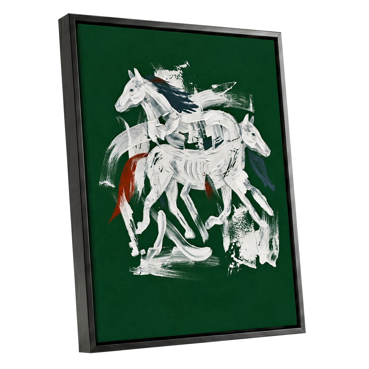 Emerald Equine Duet, green, white, gray nature wall art shown as a black framed canvas wall art