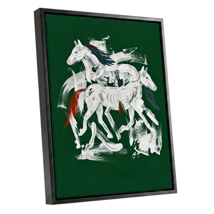 Emerald Equine Duet, green, white, gray nature wall art shown as a black framed canvas wall art