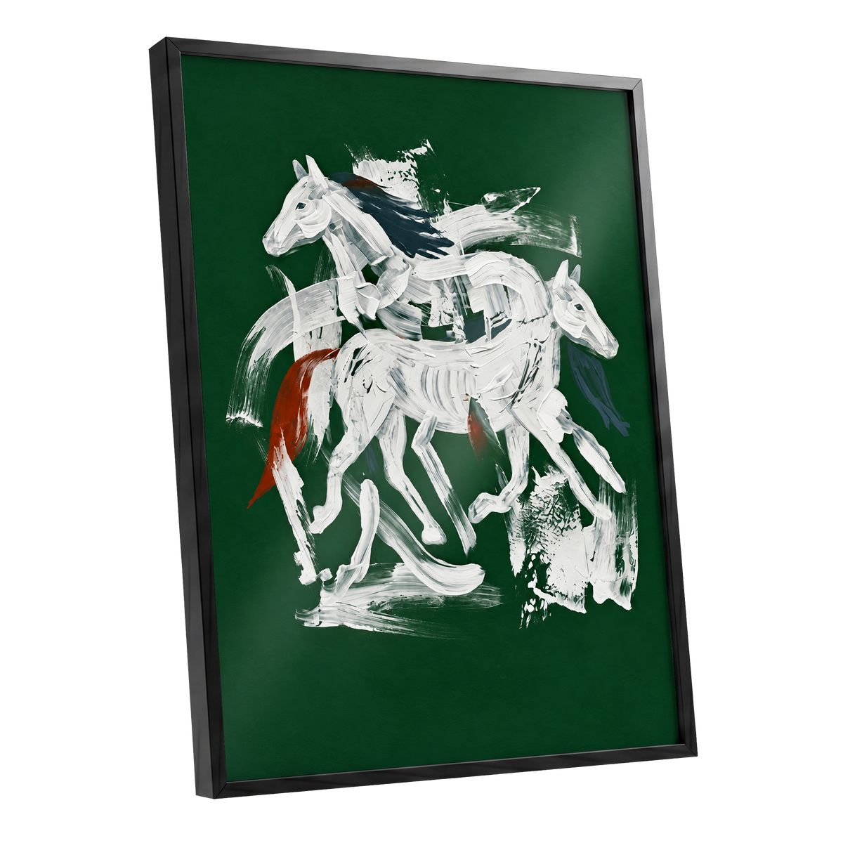 Emerald Equine Duet, green, white, gray nature wall art shown as a black framed poster wall art print