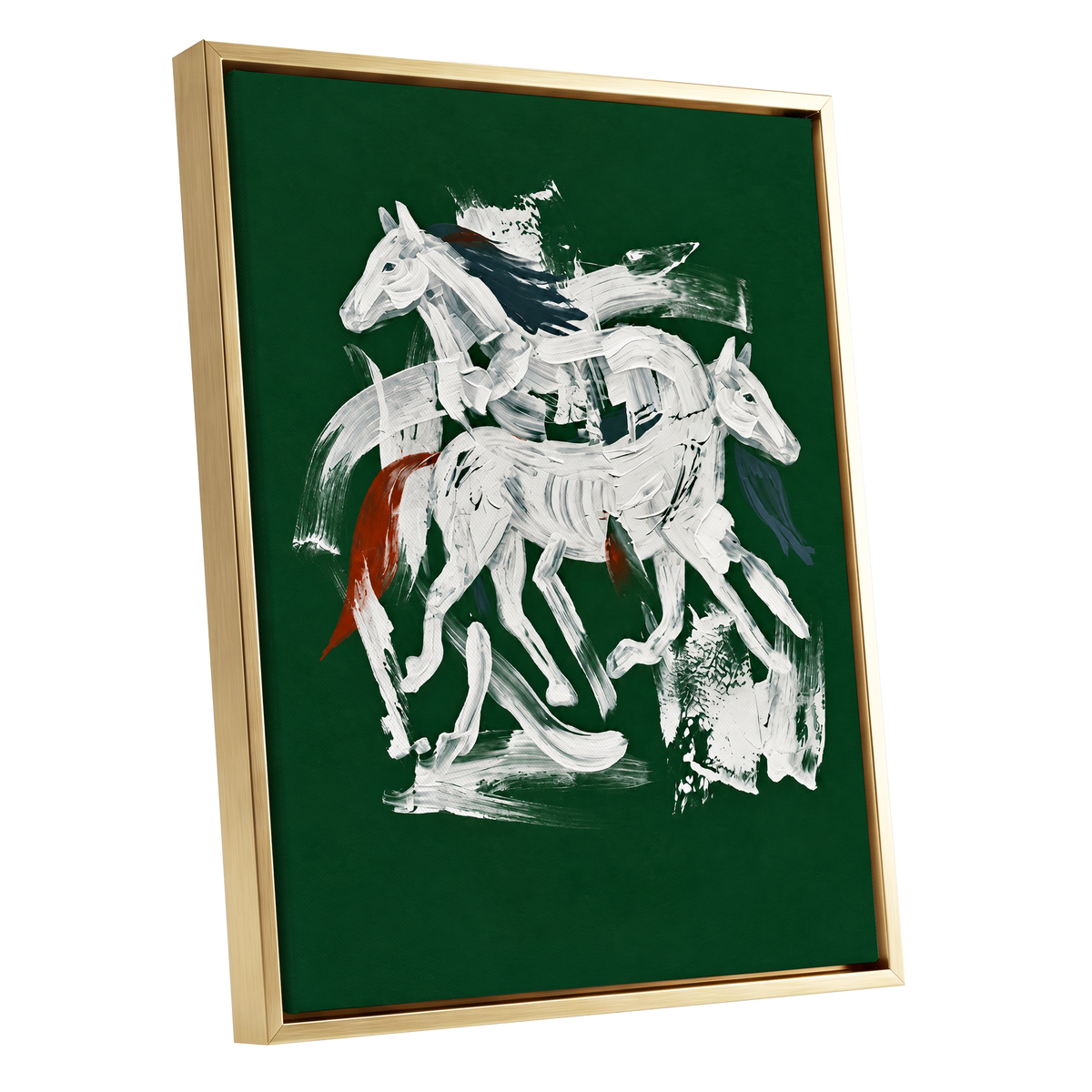 Emerald Equine Duet, green, white, gray nature wall art shown as a gold framed canvas wall art