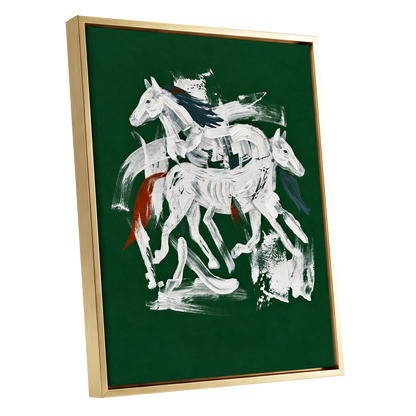 Emerald Equine Duet, green, white, gray nature wall art shown as a gold framed canvas wall art