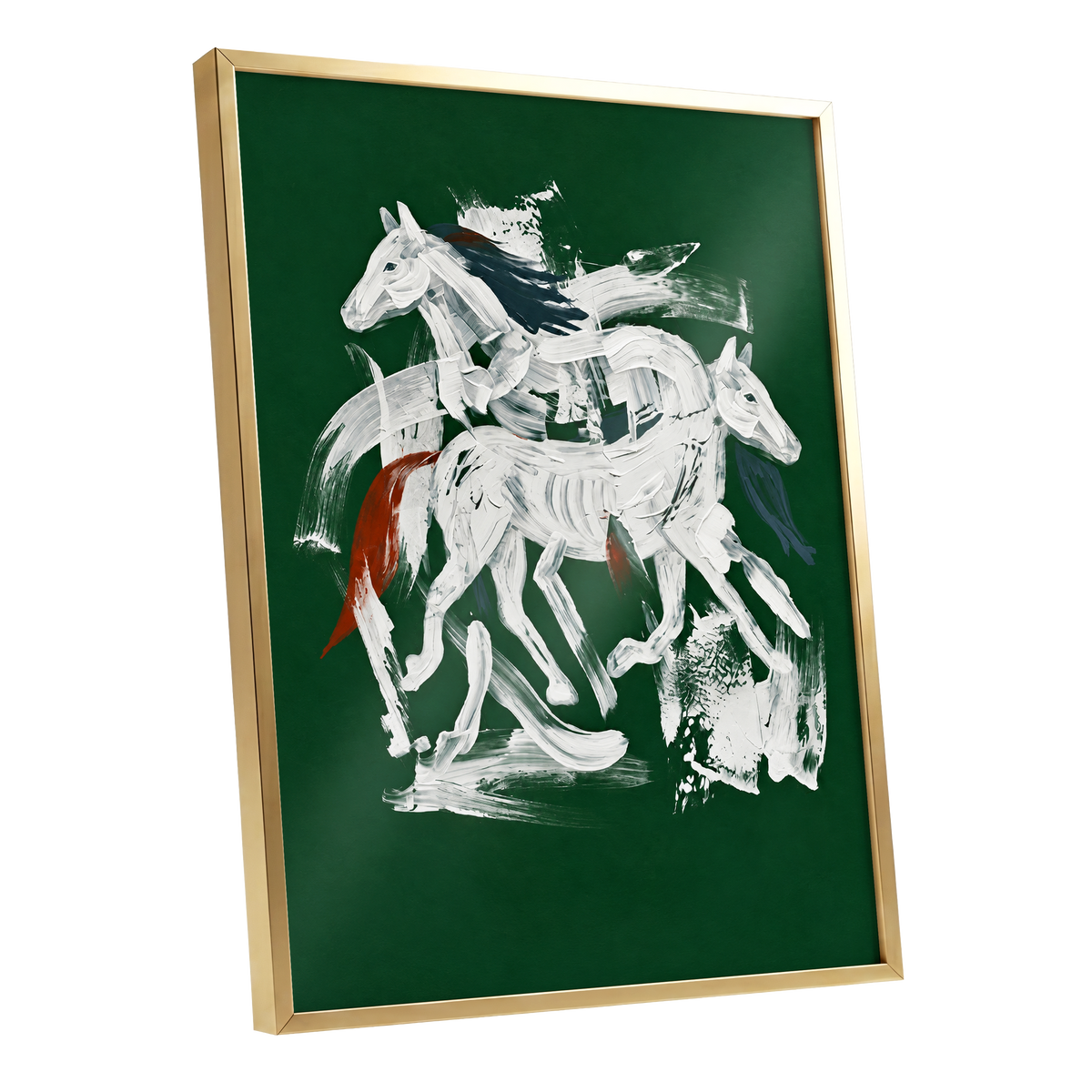 Emerald Equine Duet, green, white, gray nature wall art shown as a gold framed poster wall art print