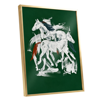Emerald Equine Duet, green, white, gray nature wall art shown as a gold framed poster wall art print