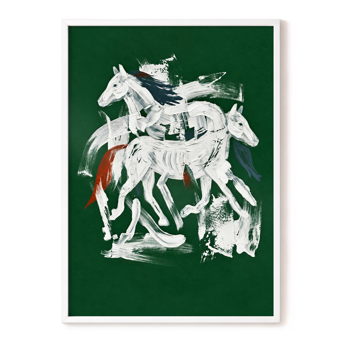 Emerald Equine Duet, green, white, gray nature wall art, front artwork view