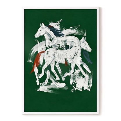 Emerald Equine Duet, green, white, gray nature wall art, front artwork view