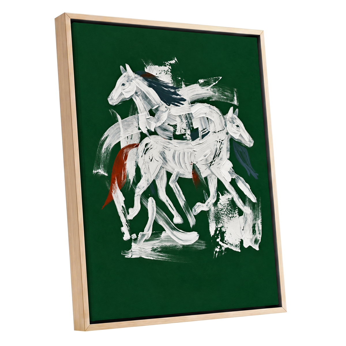Emerald Equine Duet, green, white, gray nature wall art shown as a oak framed canvas wall art