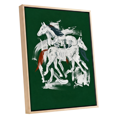 Emerald Equine Duet, green, white, gray nature wall art shown as a oak framed canvas wall art