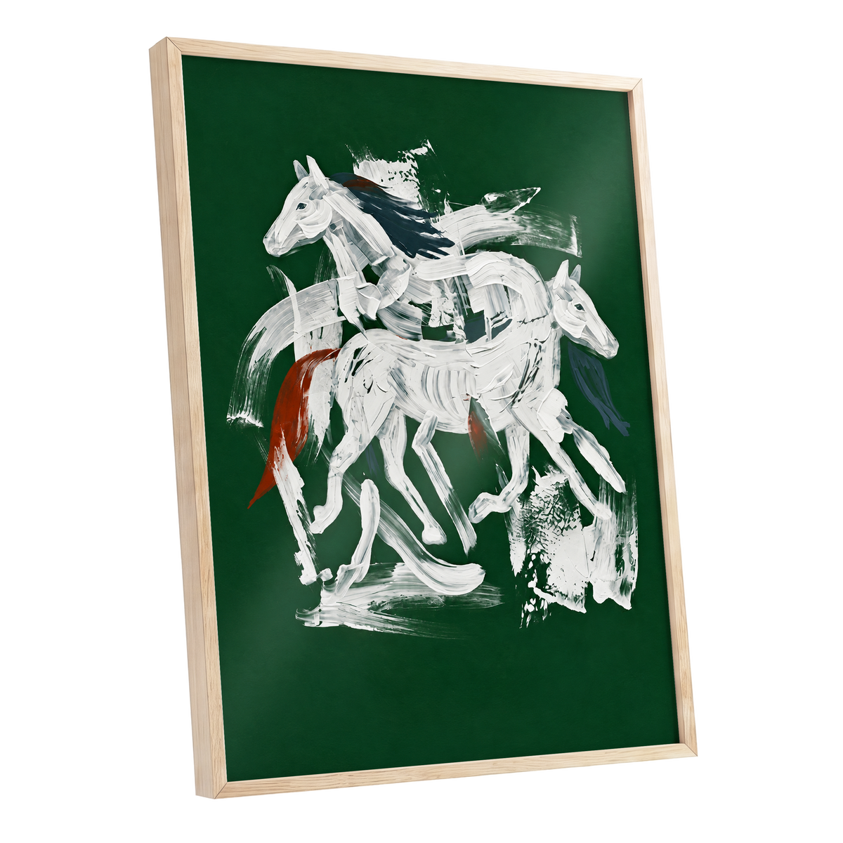 Emerald Equine Duet, green, white, gray nature wall art shown as a oak framed poster wall art print