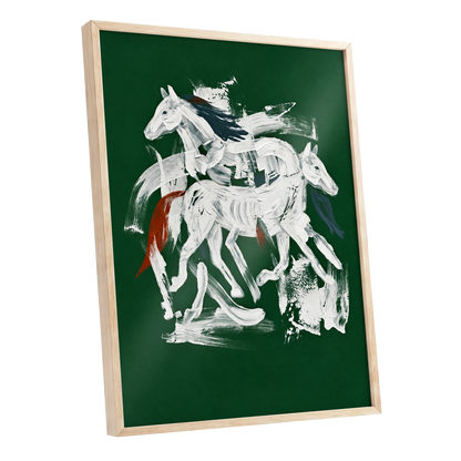 Emerald Equine Duet, green, white, gray nature wall art shown as a oak framed poster wall art print