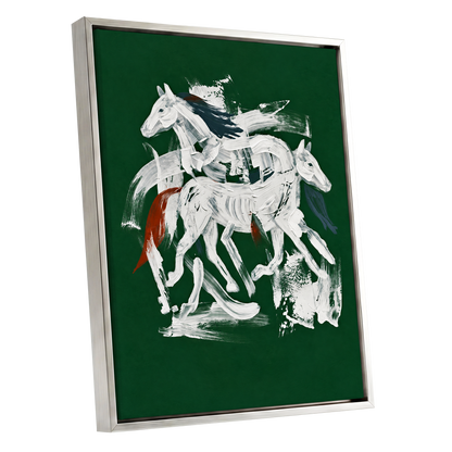Emerald Equine Duet, green, white, gray nature wall art shown as a silver framed canvas wall art