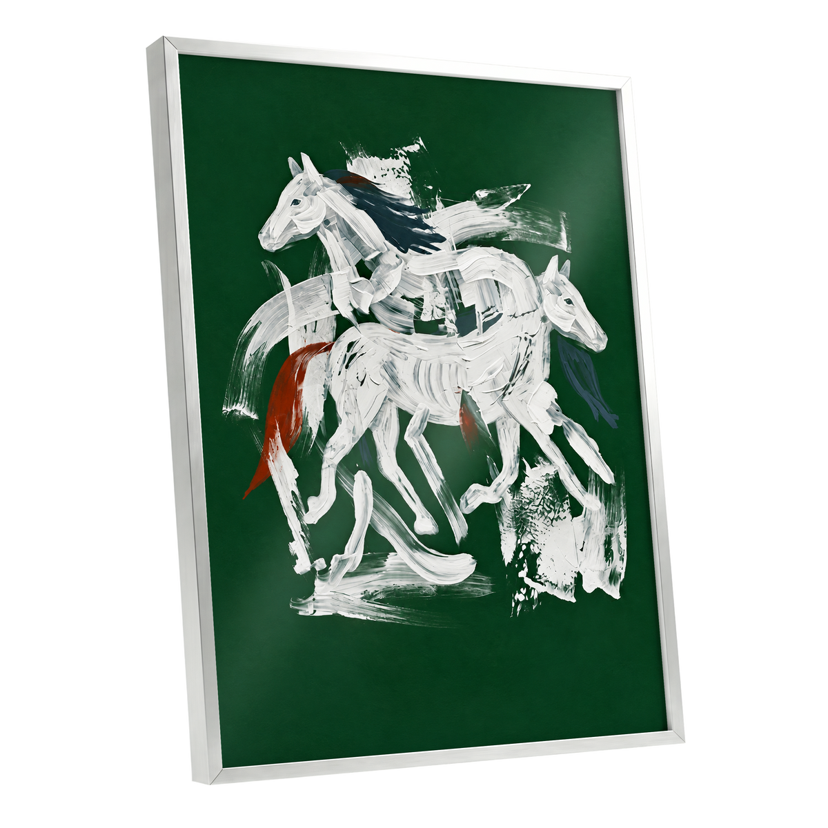 Emerald Equine Duet, green, white, gray nature wall art shown as a silver framed poster wall art print