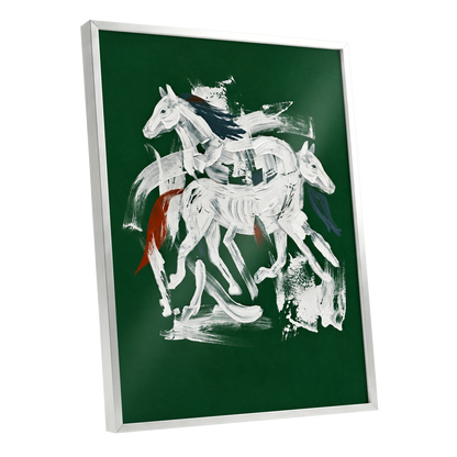 Emerald Equine Duet, green, white, gray nature wall art shown as a silver framed poster wall art print