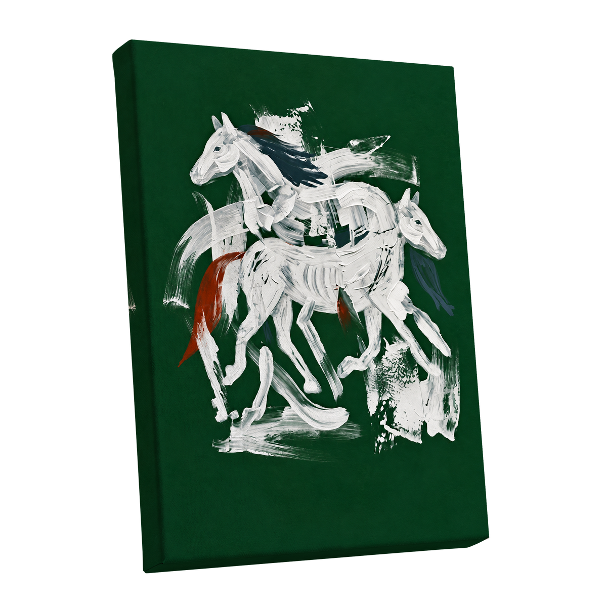 Emerald Equine Duet, green, white, gray nature wall art shown as a stretched canvas wall art