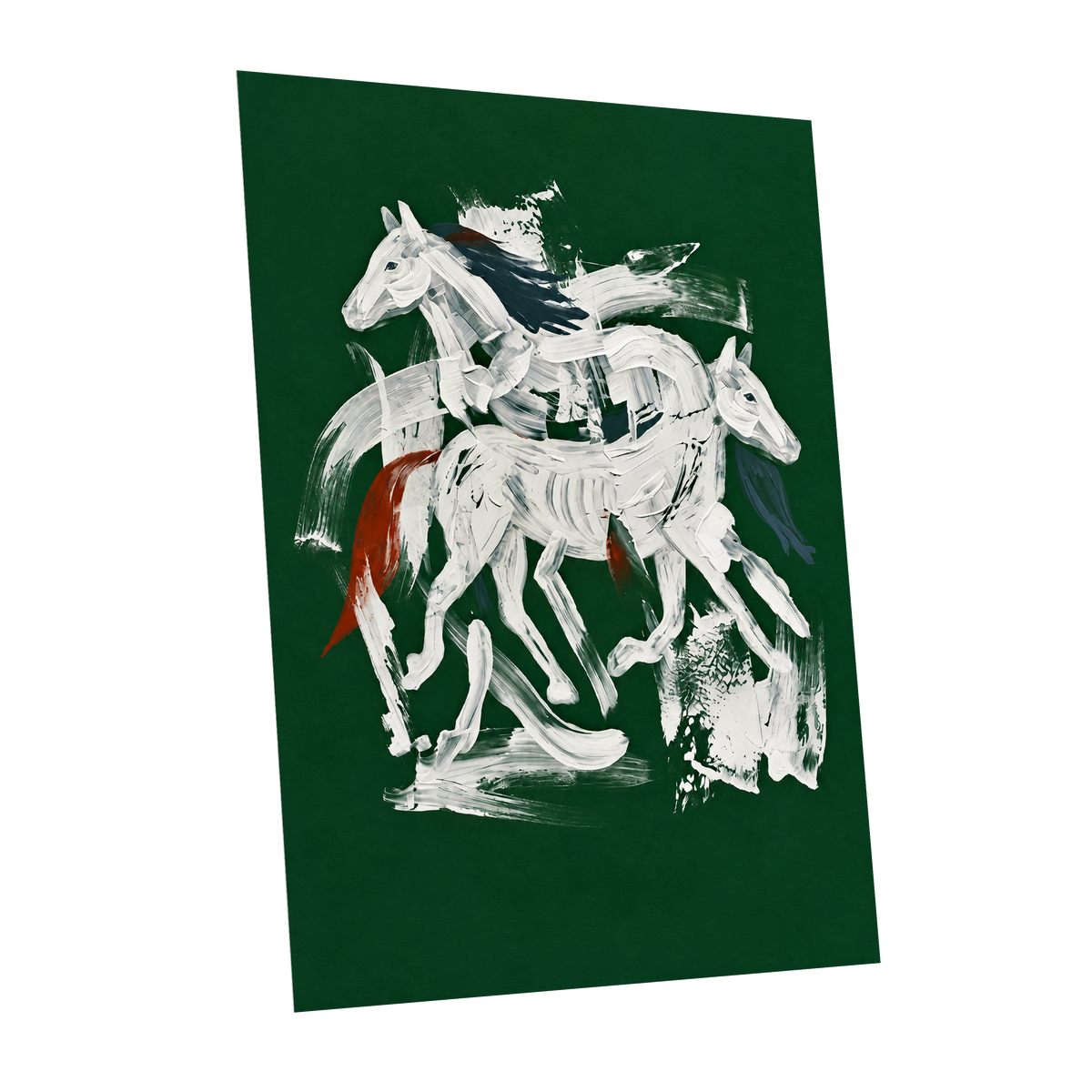 Emerald Equine Duet, green, white, gray nature wall art shown as a unframed poster wall art print