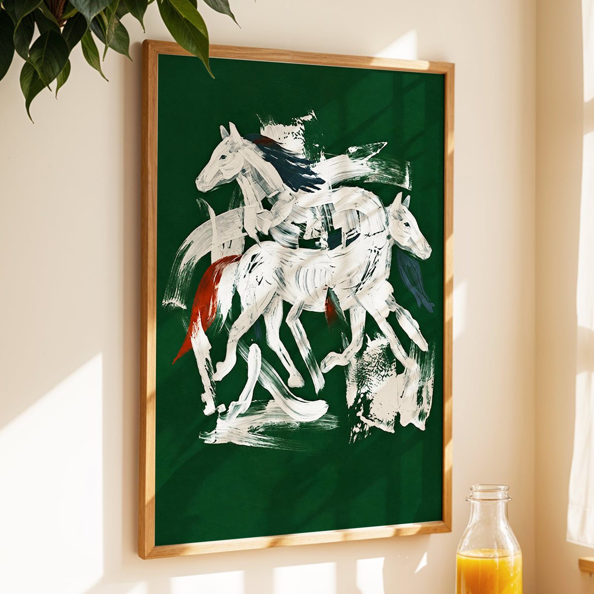 Emerald Equine Duet, green, white, gray nature wall art displayed in a styled interior, gallery view 2