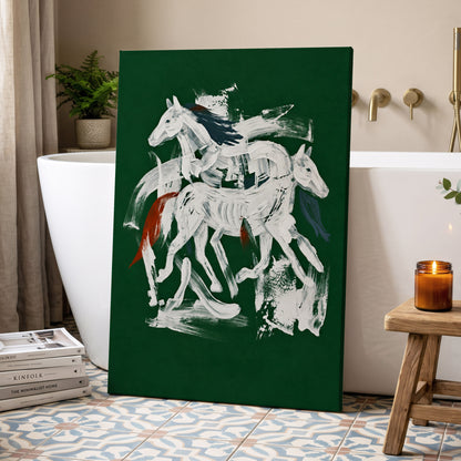 Emerald Equine Duet, green, white, gray nature wall art displayed in a styled interior, gallery view 3