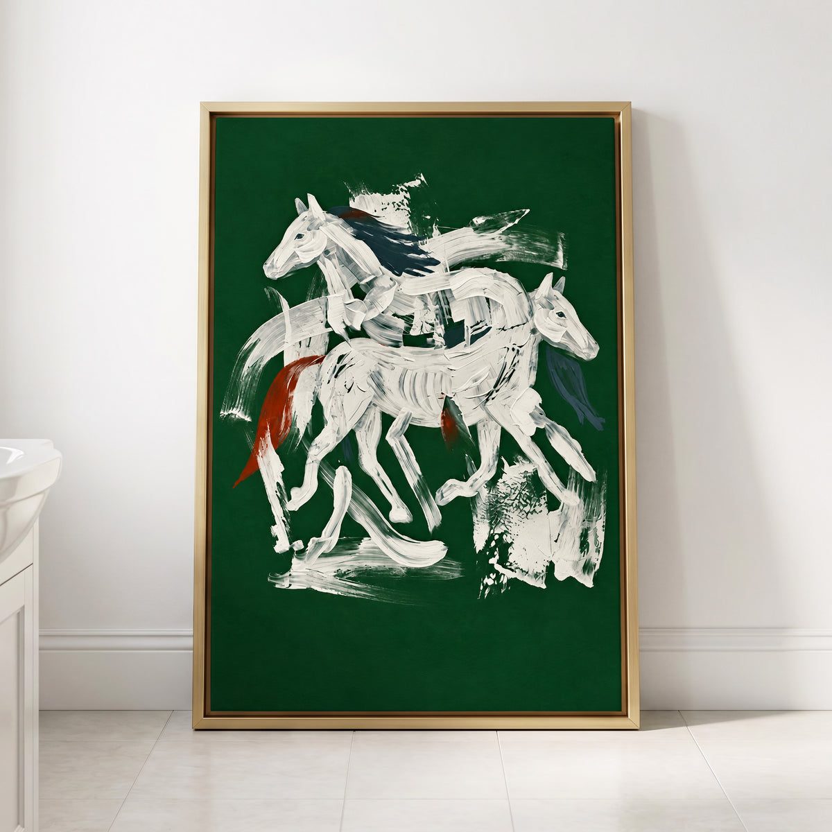 Emerald Equine Duet, green, white, gray nature wall art displayed in a styled interior, gallery view 4