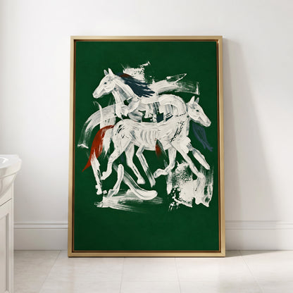 Emerald Equine Duet, green, white, gray nature wall art displayed in a styled interior, gallery view 4