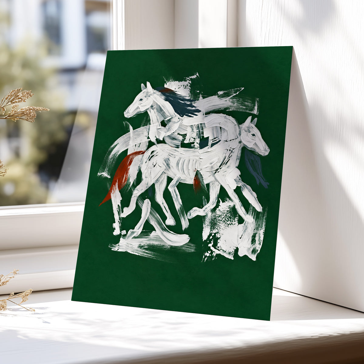 Emerald Equine Duet, green, white, gray nature wall art displayed in a styled interior, gallery view 5