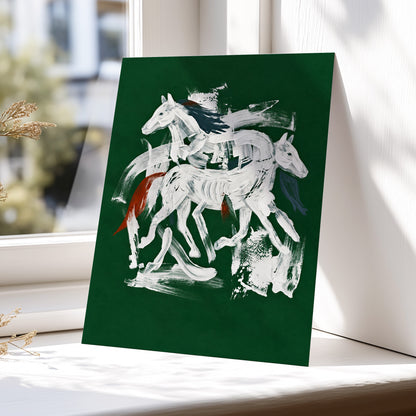 Emerald Equine Duet, green, white, gray nature wall art displayed in a styled interior, gallery view 5