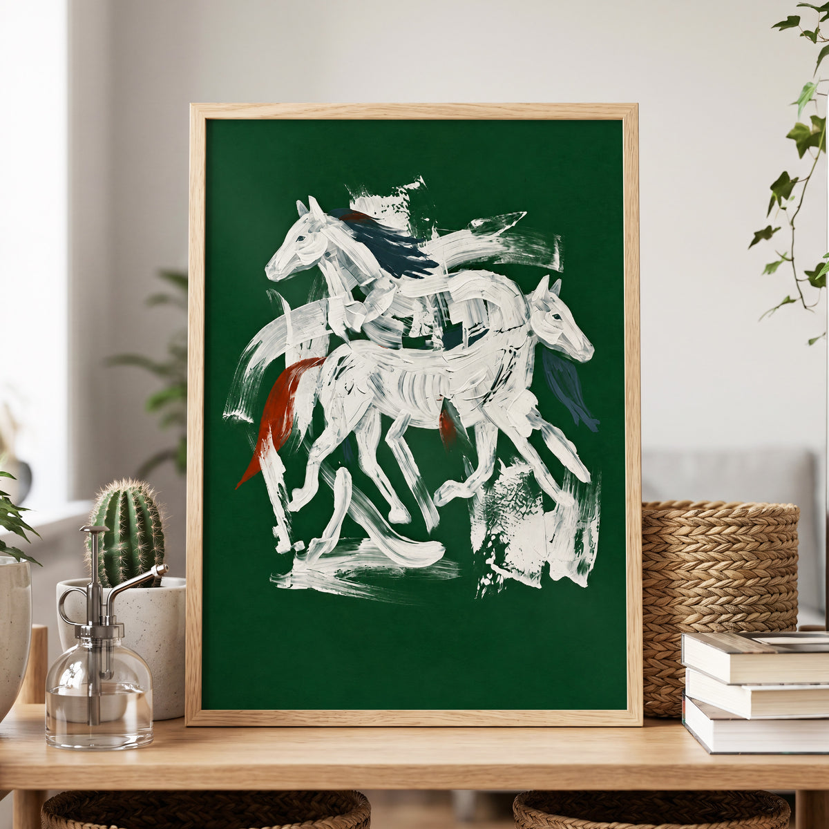 Emerald Equine Duet, green, white, gray nature wall art displayed in a styled interior, gallery view 6