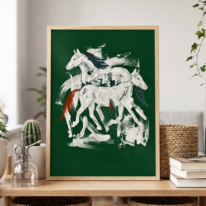 Emerald Equine Duet, green, white, gray nature wall art displayed in a styled interior, gallery view 6