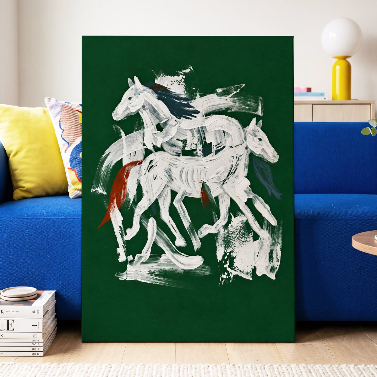 Emerald Equine Duet, green, white, gray nature wall art displayed in a styled interior, gallery view 7
