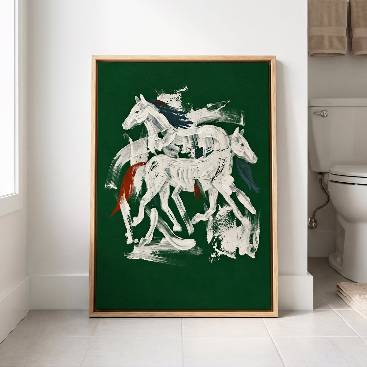 Emerald Equine Duet, green, white, gray nature wall art displayed in a styled interior, gallery view 8