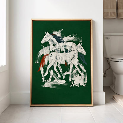 Emerald Equine Duet, green, white, gray nature wall art displayed in a styled interior, gallery view 8