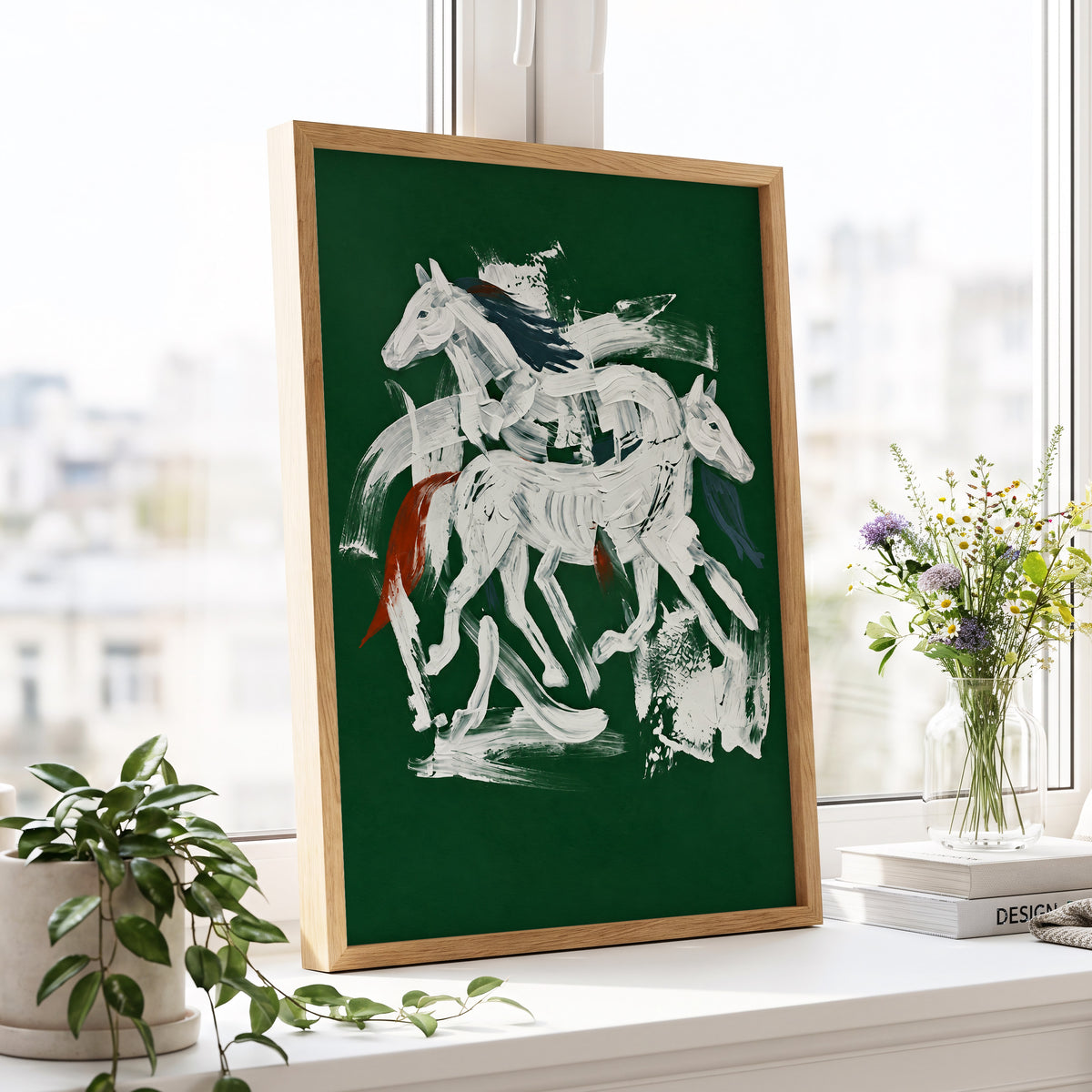 Emerald Equine Duet, green, white, gray nature wall art displayed in a styled interior, gallery view 9