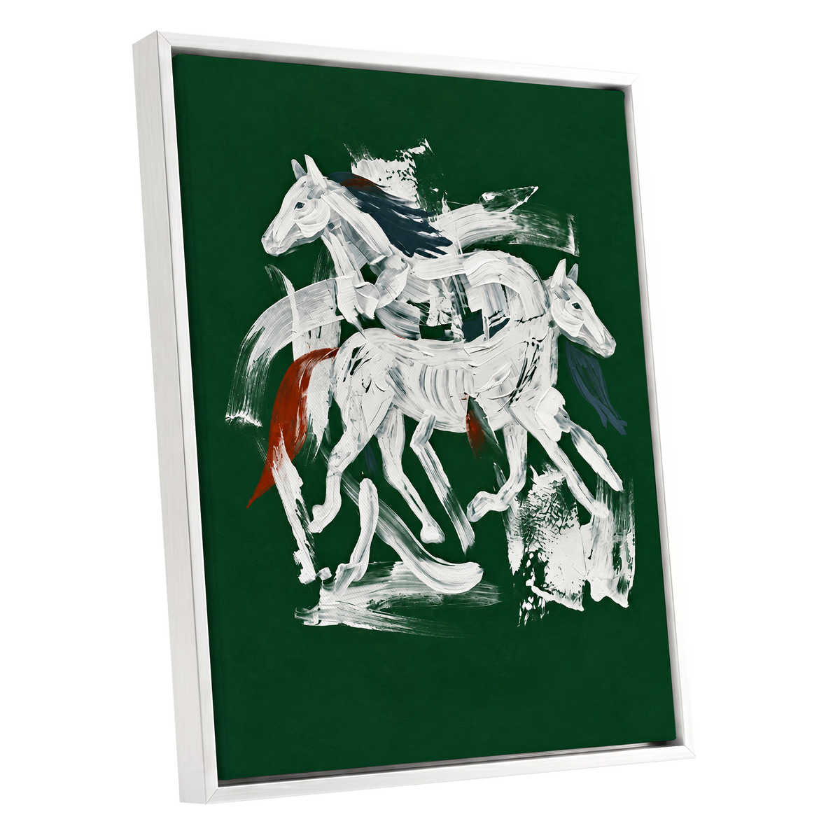 Emerald Equine Duet, green, white, gray nature wall art shown as a white framed canvas wall art