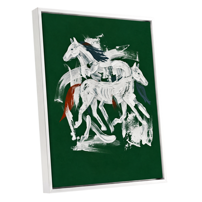 Emerald Equine Duet, green, white, gray nature wall art shown as a white framed canvas wall art