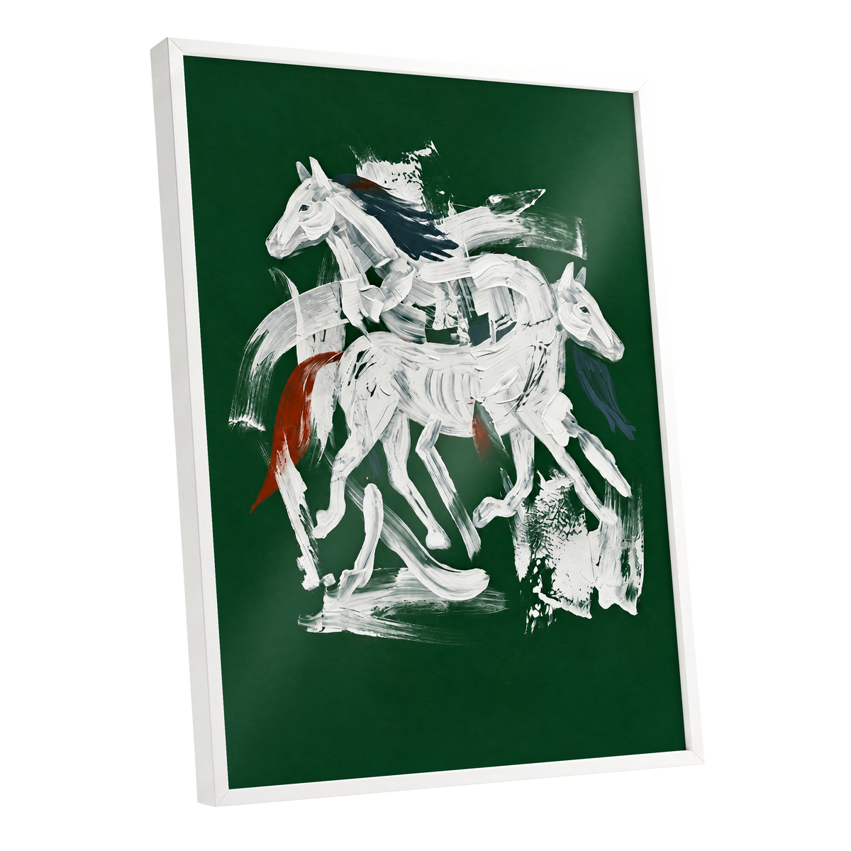 Emerald Equine Duet, green, white, gray nature wall art shown as a white framed poster wall art print
