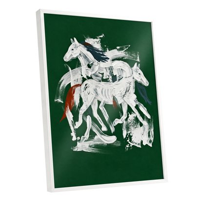 Emerald Equine Duet, green, white, gray nature wall art shown as a white framed poster wall art print