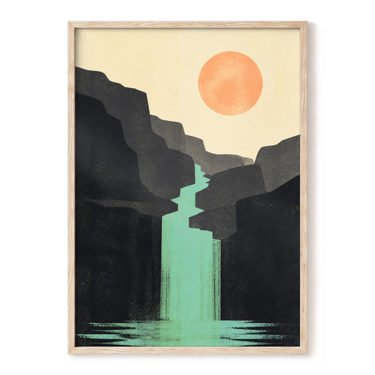 Emerald Gorge Sunset, black, green, beige nature wall art, front artwork view