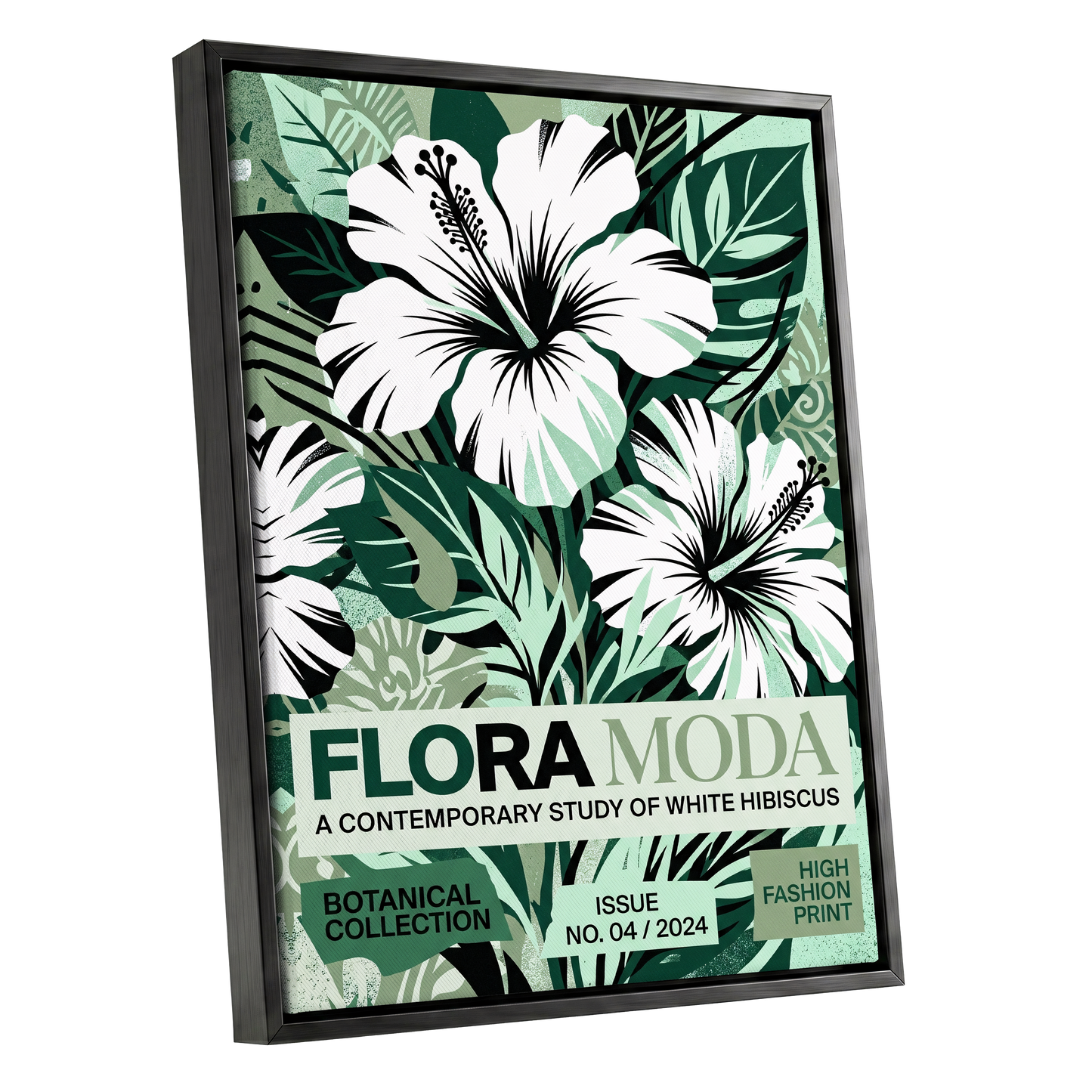 Emerald Hibiscus, green, white, black floral wall art shown as a black framed canvas wall art