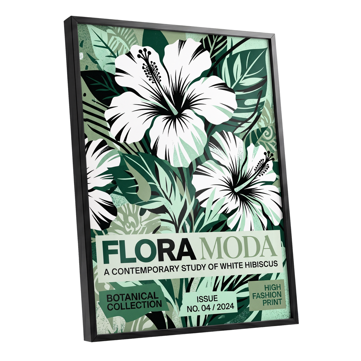 Emerald Hibiscus, green, white, black floral wall art shown as a black framed poster wall art print