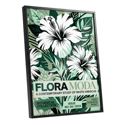 Emerald Hibiscus, green, white, black floral wall art shown as a black framed poster wall art print