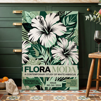Emerald Hibiscus, green, white, black floral wall art on canvas displayed in a styled interior, gallery view 1